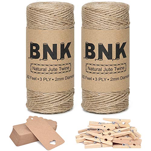 524 Feet Twine String Rope Kit Includes 2 Twine Natural Ropes,50 Kraft Paper Tags, 20 Wooden Clips for DIY Crafts Hanging Pictures Gardening Applications Gifts Wrapping Packing by BNK.