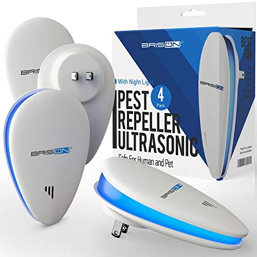 BRISON Ultrasonic Pest Repeller - Eco-Friendly & Pet Sаfe & Wall Plug-in - Pest Repeller Prevents & Drives Away Mice Rats Spiders Roaches Mosquitoes Ants Snakes Rodent – Silent - Night Light 4 Pack