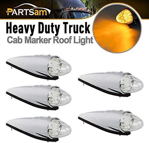 Partsam 5pc Super Bright Amber Yellow 17 LED Clear Lens Torpedo Chrome Cab Marker Top Roof Running Lights Assembly Compatible with Kenworth/Peterbilt/Freightliner/International/Mack Paccar Semi Truck