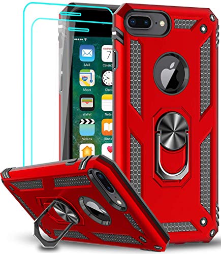 iPhone 8 Plus Case, iPhone 7 Plus Case, iPhone 6 Plus Case with Tempered Glass Screen Protector [2Pack], LeYi Military Grade Phone Case with Rotating Holder Kickstand for iPhone 6s Plus, Red