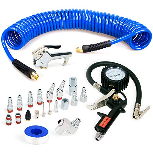 FYPower 22 Pieces Air Compressor Accessories kit, 1/4 inch x 25 ft Recoil Poly Air Compressor Hose Kit, 1/4' NPT Quick Connect Air Fittings, Tire Inflator Gauge, Heavy Duty Blow Gun, Swivel Plugs