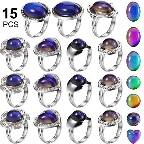 Hicarer 15 Pieces Adjustable Mood Rings for Girls and Boys Mixed Color Changing Mood Rings for Halloween Costume Props Birthday Party Favors and Goodie Bag Fillers (Style A)