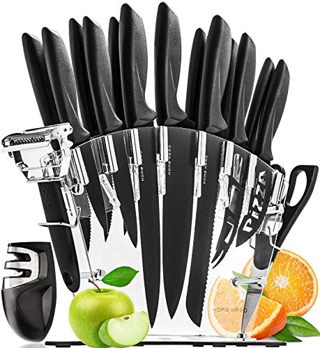 Stainless Steel Knife Set with Block 17 Piece Set Kitchen Knives Set Chef Knife Set with Knife Sharpener, 6 Steak Knives with Bonus Peeler Scissors Cheese Pizza Knife and Acrylic Stand by Home Hero