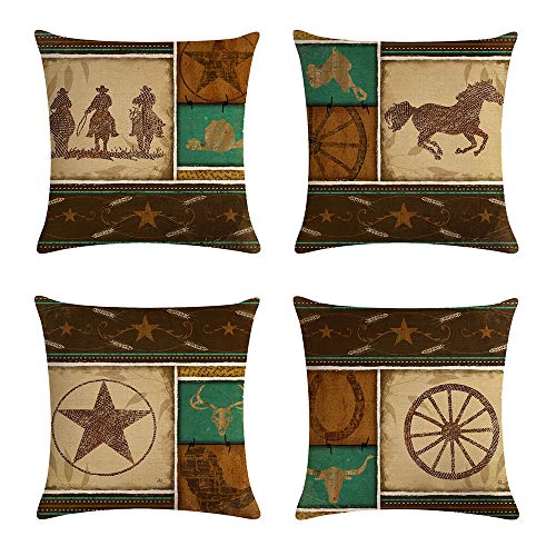 geinne 4pack Cowboy Style Throw Pillow Case Vintage Western Cowboys Riding Horses Theme Decorative Square Cotton Linen Cushion Cover for 18 X 18 Inch Pillow Inserts (Cowboy-1)