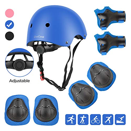 DaCool Kids Helmet Pad Set Elbow Knee Wrist Pads for Sports Protective Gear Set Adjustable Safety Set with Strap for 3~8yrs Boys Toddler Child Bike Cycling Skating Roller Scooter Outdoor Sports, Blue