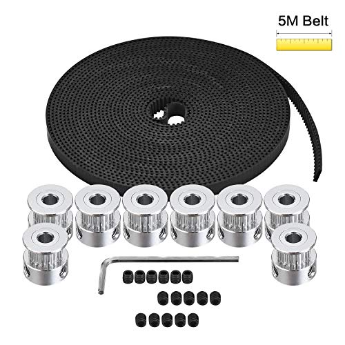 Zeelo GT2 Timing Belt Pulley, 8pcs 5mm 20 Teeth Timing Pulley Wheel and GT2 5 Meters Rubber 2mm Pitch 6mm Wide Timing Belt with Allen Wrench for 3D Printer CNC
