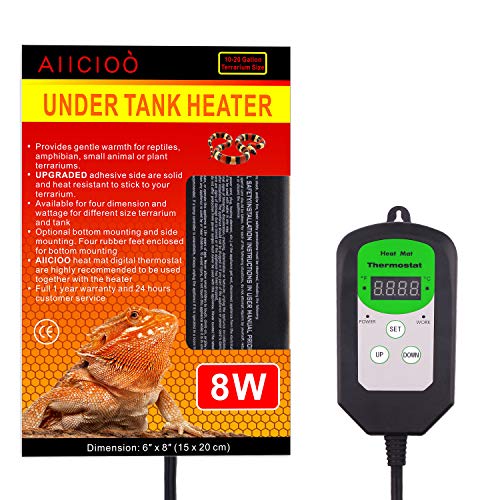 Aiicioo Digital Thermostat Reptile Heating Pad - Hermit Crab Heater with Temperature Control 8 Watt Heat Source Combo Set for Reptiles Terrarium Wamer 10-20 Gal