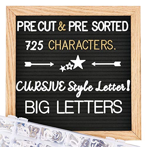 Felt Letter Board with Letters - Pre Cut & Sorted 725 White & Gold Characters, Cursive Style Letters, Big Letters, Changeable Letter Boards with Stand, Plastic Organizer, Wall Mount, Gift Box.