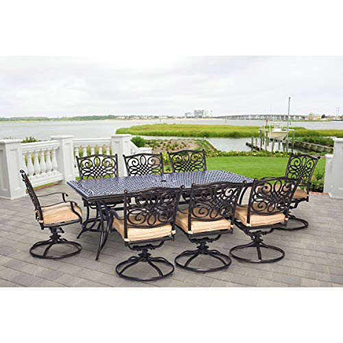 Hanover Traditions 9-Piece Cast Aluminum Outdoor Patio Dining Set, 8 Swivel Rocker Chairs and 42'x84' Rectangle Table, Brushed Bronze Finish with Tan Cushions, Rust-Resistant, TRADDN9PCSW-8