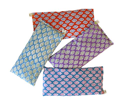 Peacegoods Scented Eye Pillows - Pack of (4) - Soft Cotton 4 x 8.5 - Organic Lavender Flax Seed - 4 x 8.5 Hand Block Print India - Leaf Turquoise Orange Purple Aqua
