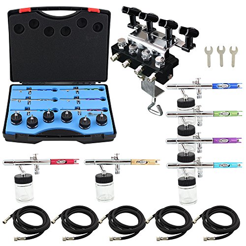 OPHIR 6PCS Different Color 0.35mm Dual Action Airbrush Guns Set Kit with 4-Airbrush Holders Set Airbrush Paint Gun for Model Painting Body Painting Cake