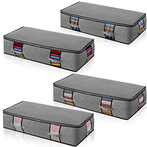 Under Bed Storage Containers 4-pack Large Capacity Clothes Organizers Under The Bed Storage Bags for Bedding,Clothes,Blankets shoes Clear Window Grey