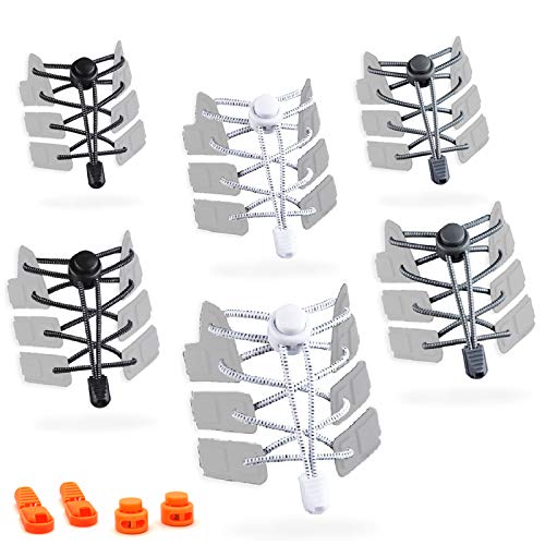 6 Pairs No Tie Shoe Laces for Adults Kids in Black White Gray Colors, Elastic Lazy Shoelaces with Orange Interchangeable Lock and Caps One Size Fits All for Running Sneakers Board Sport Casual Shoes