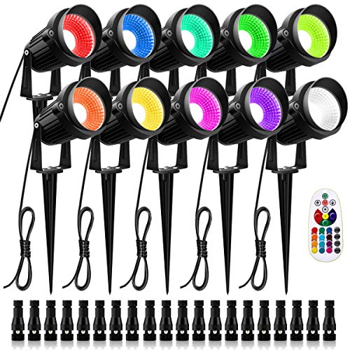 ZUCKEO 10W RGB Color Change Landscape Lighting with Quick Connectors Low Voltage Remote Control LED Landscape Lights IP66 Waterproof Yard Lawn Garden Flag Outdoor Spotlights (10Pack with Connectors)