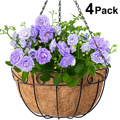 4 Pack Metal Hanging Planter Basket With Coco Coir Liner 14 Inch Round Wire Plant Holder With Chain Porch Decor Flower Pots Hanger Garden Decoration Indoor Outdoor Watering Hanging Baskets
