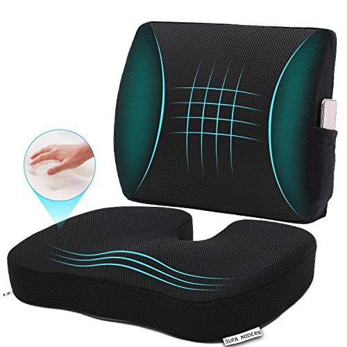 SUPA MODERN Memory Foam Car Seat Cushion and 3D Mesh Lumbar Support Pillow Coccyx Orthopedic Seat Cushion for Office Chair Lumbar Support Back Pillow for Reliving Lower Back Pain