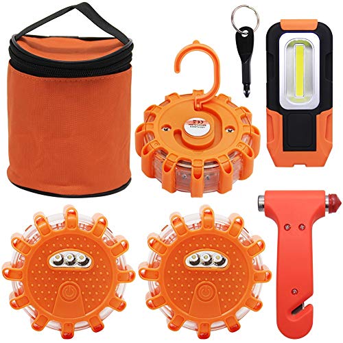 Twinkle Star LED Road Flares Disc Beacon Set Included 9 AAA Batteries, 3 Pack Safety Warning Lights and Emergency Escape Tool - Window Glass Hammer Breaker and Seat Belt Cutter for Car, Marine Boat