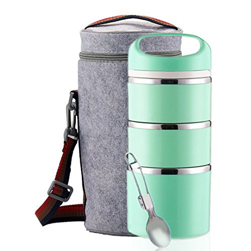 Lille Home Stackable Stainless Steel Thermal Compartment Lunch Box | 3-Tier Insulated Bento Box/Food Container with Insulated Lunch Bag & Foldable Stainless Steel Spoon