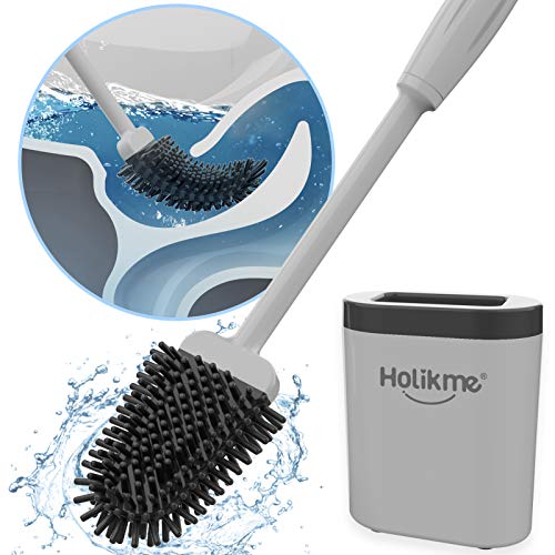 Holikme Silicone Toilet Brush and Holder Set for Bathroom, Deep-Cleaning Toilet Bowl Brush with Non-Slip Long Plastic Handle, Bendable Brush Head to Clean Toilet Corner Easily,Gray