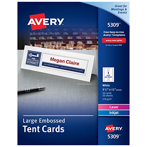 Avery Printable Large Tent Cards, Laser & Inkjet Printers, 50 Cards, 3.5 x 11 (5309), White