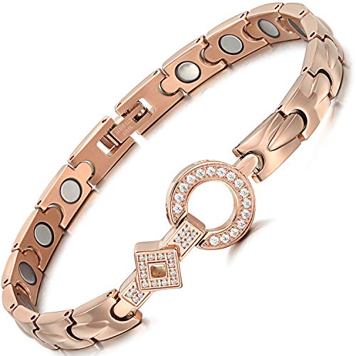 Rainso Elegant Womens Titanium Steel Health Magnetic Therapy Bracelets Pain Relief for Arthritis Adjustable (Rose Gold)