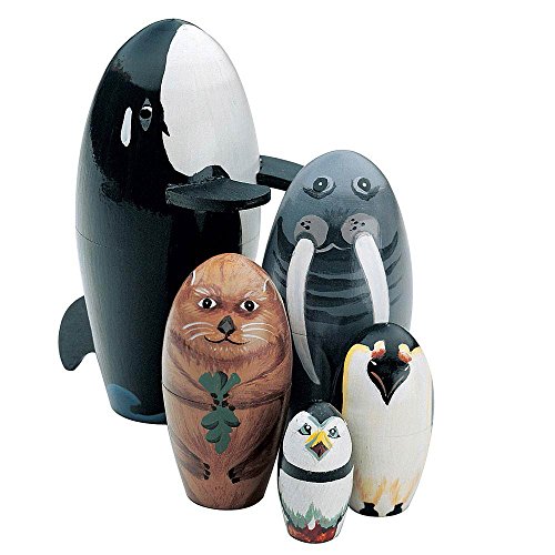 Bits and Pieces - 'Willy and Friends - Matryoshka Dolls - Wooden Russian Nesting Dolls - Sea Life Animal Figurines - Whale, Walrus, Penguin - Stacking Dolls Set of 5