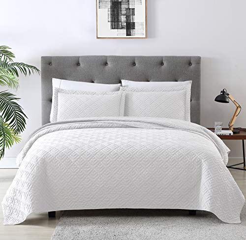 EXQ Home Quilt Set Full Queen Size White 3 Piece,Lightweight Microfiber Coverlet Modern Style Squares Pattern Bedspread Set