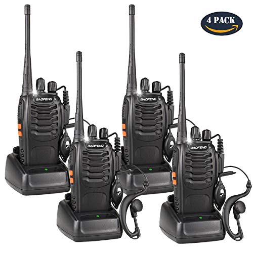 BaoFeng Walkie Talkies Rechargeable Long Range for Adults, UHF FRS/GMRS Two Way Radio with Earpieces 16 Channel Signal Band UHF 400-470MHz Li-ion Battery and Charger (Pack of 4)