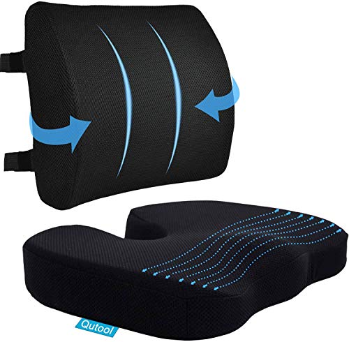 Coccyx Seat Cushion & Lumbar Support Pillow for Office Chair, Car, Wheelchair Memory Foam Chair Cushion for Sciatica, Lower Back & Tailbone Pain Relief Desk Pad with Adjustable Strap 3D Washable Cover