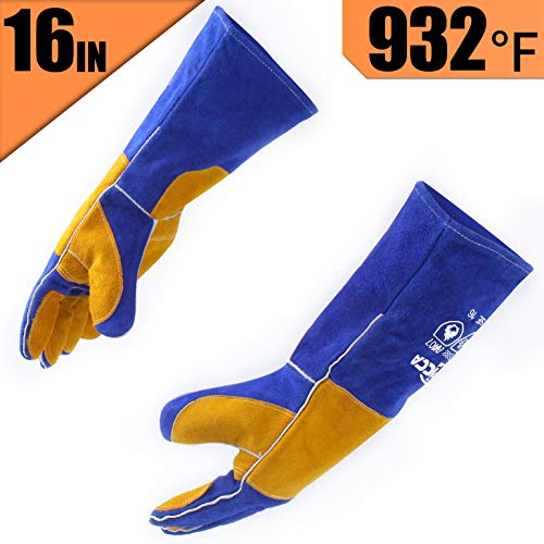 RAPICCA Leather Forge Welding Gloves Heat/Fire Resistant, Mitts for Oven/Grill/Fireplace/Furnace/Stove/Pot Holder/Tig Welder/Mig/BBQ/Animal handling glove with 16 inches Extra Long Sleeve– Blue