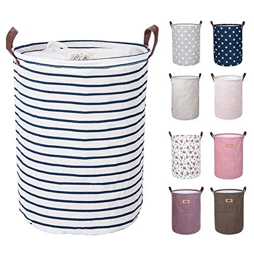 DOKEHOM 17.7-Inches Large Laundry Basket (9 Colors), Drawstring Waterproof Round Cotton Linen Collapsible Storage Basket (Blue Strips, M)