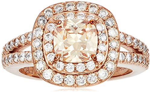 Amazon Collection Rose Gold Plated Sterling Silver Cushion Cut Champaign Cubic Zirconia 6mm Double Halo Ring, Size 5