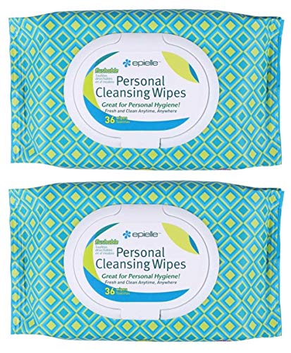 Epielle Personal Cleansing Wipes with Natural Ingredients - Flushable Tissues Towelettes Travel Size, Daily Use, Gentle - 36ct (Sheets) per pack, Total 2 packs