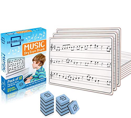 10 Pack Dry Erase Staff Music Lap White Boards 9'X12' l Write Musical Notes and More (Double Sided Mini Whiteboards) Erasers Included