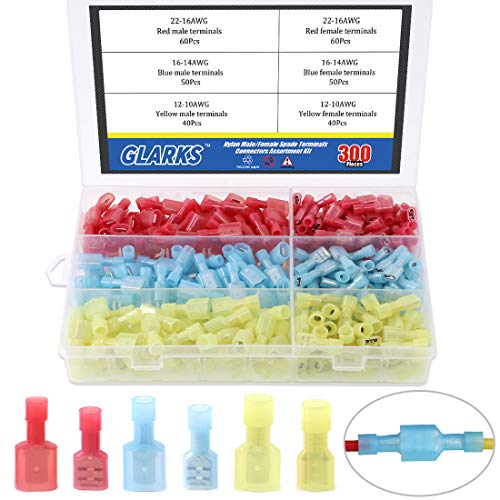 Glarks 300pcs 22-16 16-14 12-10 Gauge Nylon Fully Insulated Male/Female Spade Quick Splice Wire Disconnect Electrical Insulated Crimp Terminals Connectors Assortment Kit