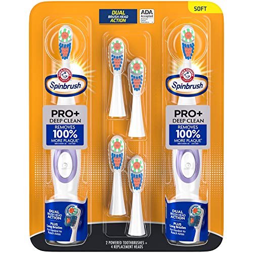 Arm & Hammer Spinbrush Pro+ Deep Clean Battery Powered Toothbrush, Club Tray, 2 Brushes, 4 Refills