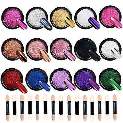 IVETTO Art Metal Mirror Effect Holographic Chrome Nail Powder with 15 jars Nail Powder and 15 Pcs Eyeshadow Sticks