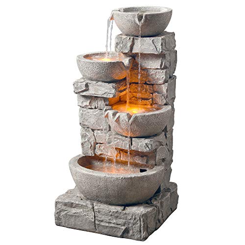 Peaktop 201601PT Floor Stacked Stone 4 Tiered Bowls Waterfall Water Fountain for Outdoor Patio Garden Backyard Decking with Led Lights and Pump, 33' Height, Gray