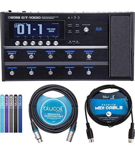 BOSS GT-1000 Multi Effects Processor with Expression Pedal for Guitars Bundle with Blucoil 5-FT MIDI Cable, 10-FT Balanced XLR Cable, and 5-Pack of Reusable Cable Ties