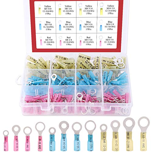 Hilitchi 180Pcs Nylon Insulated Heat Shrink Ring Terminal Electrical Wire Crimp Connectors Set, Yellow, Blue, Red