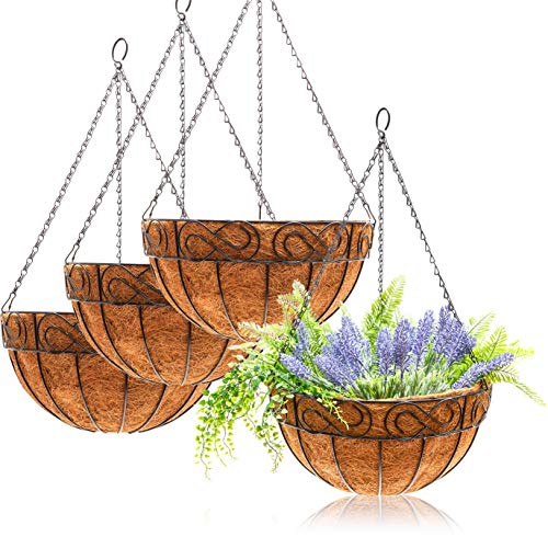 Metal Hanging Flower Planter Basket with Coco Coir Liner, Home and Garden Decor (14 in, 4 Pack)