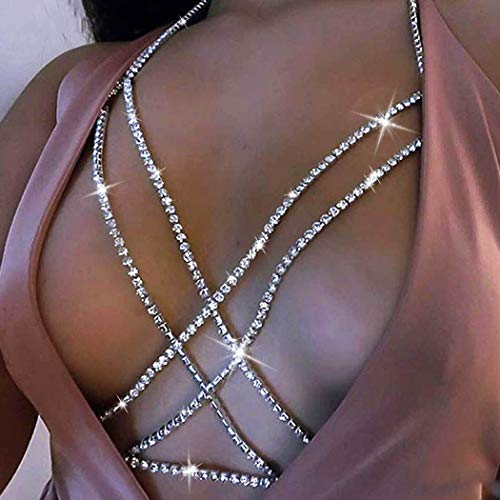 Victray Crystal Women Body Chain Bikini Beach Body Chains Nightclub Chest Chain Fashion Body Jewelry Accessory Rave Harness Chains (Silver)