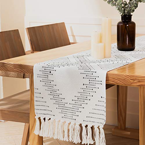 ALIBALA Boho Cotton Woven Table Runner with Tassel, Handmade Farmhouse Natural Rustic Table Runner for Dining Wedding Party Décor, 12'x71' (Off White)