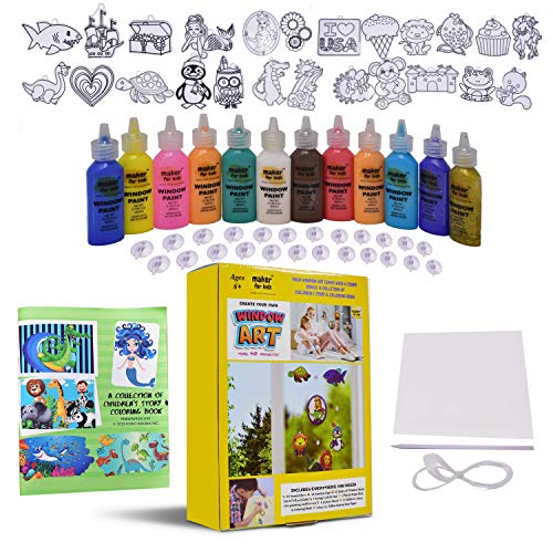 KOKO AROMA Window Paint Art Create Your Own Suncatcher Craft Kit-Boys Girls-Toys Age 6-12 Toddler Children’s DIY Sticker Windows Clings with Fun Story Coloring Book–[24] Sun Catchers[12] Paints Arts