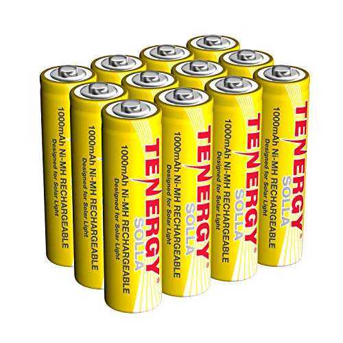 Tenergy Solla Rechargeable NiMH AA Battery, 1000mAh Solar Batteries for Solar Garden Lights, Anti-Leak, Outdoor Durability, 5+ Years Performance, 12 PCS, UL Certified