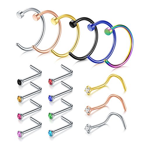 Incaton Nose Ring, 17PCS 316L Surgical Stainless Steel Body Jewelry Piercing Nose Hoop Ring and L-Shape Ring