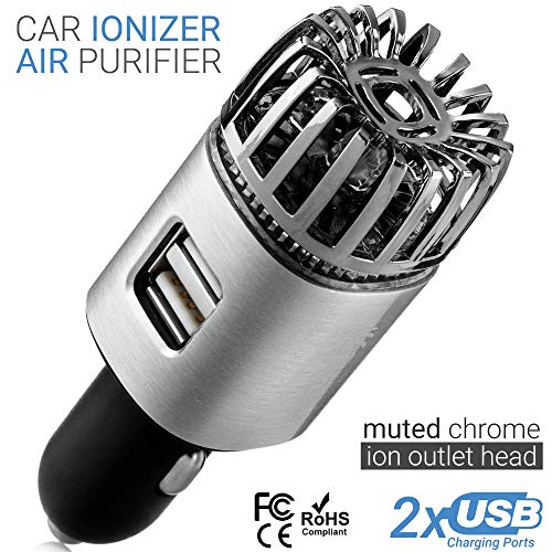 Car Air Purifier Ionizer - 12V Plug-in Ionic Anti-Microbial Car Deodorizer with Dual USB Charger - Smoke Smell, Pet and Food Odors, Allergens, Viruses Eliminator for Car (Matte Silver)