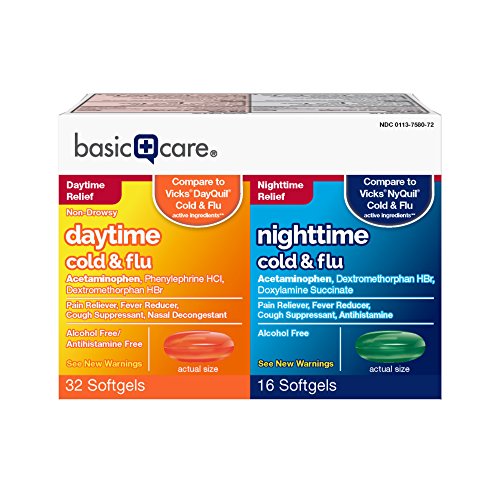 Amazon Basic Care Cold Flu Relief Multi-Symptom Daytime Nighttime Combo Pack Softgels; Cold Medicine, 48 Count