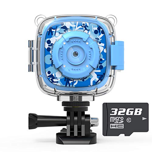 AKAMATE Kids Action Camera Waterproof Video Digital Children Cam 1080P HD Sports Camera Camcorder for Boys Girls, Build-in 4Games, 32GB SD Card (Blue)