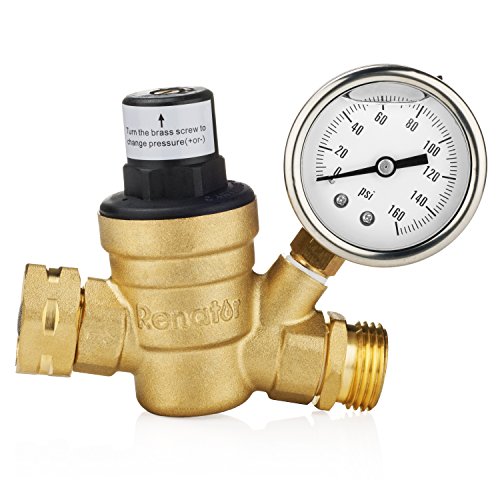 Renator M11-0660R Water Pressure Regulator Valve. Brass Lead-free Adjustable Water Pressure Reducer with Gauge for RV Camper, and Inlet Screened Filter